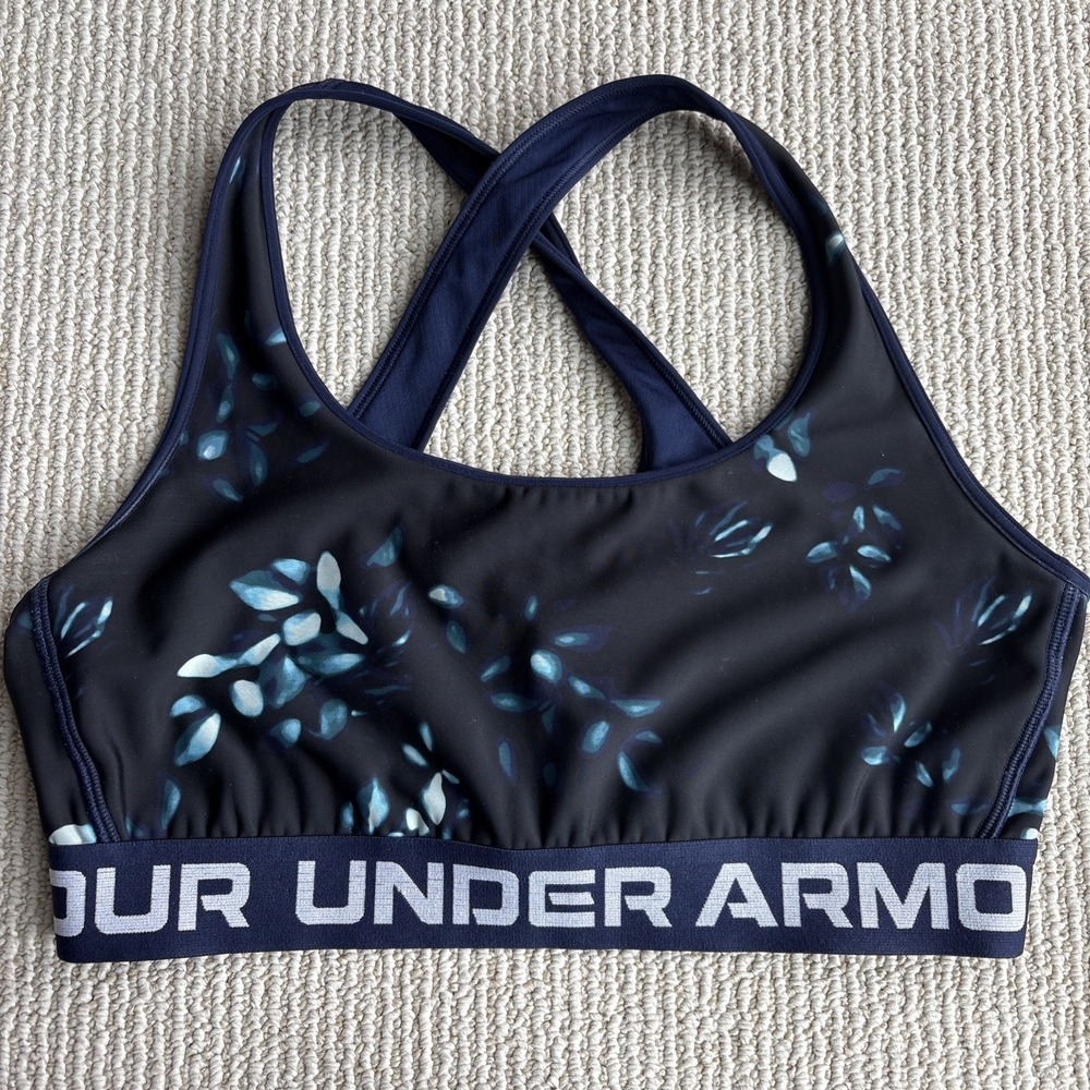 Under Armour Women Size Large Sports Bra Mid Crossback Black Blue Print Pull On